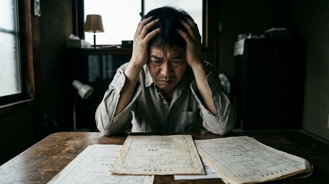 不動産の共有名義問題で頭を抱える男性。書類を前に深刻な表情を浮かべている。