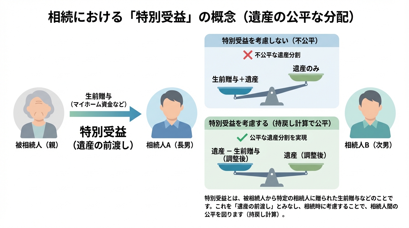 特別受益の概念図。被相続人からの生前贈与が遺産の前渡しと見なされ、相続人間の公平を図るために考慮されることを示している。
