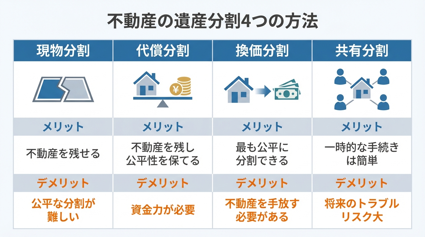 不動産の遺産分割4つの方法（現物分割、代償分割、換価分割、共有分割）のメリット・デメリットを比較した図解。