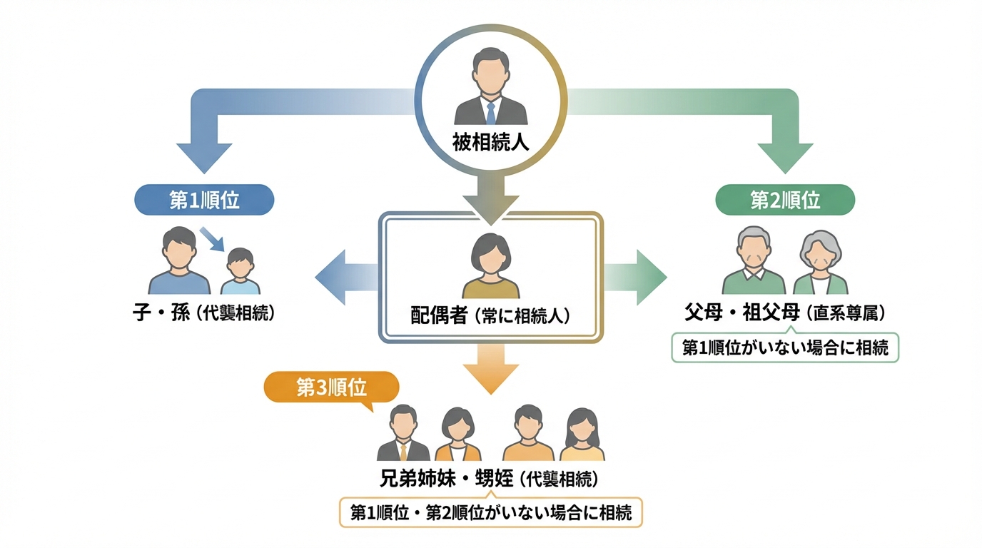 法定相続人の範囲と順位を示した図解。配偶者が常に相続人であること、そして第1順位が子、第2順位が直系尊属、第3順位が兄弟姉妹であることを示している。