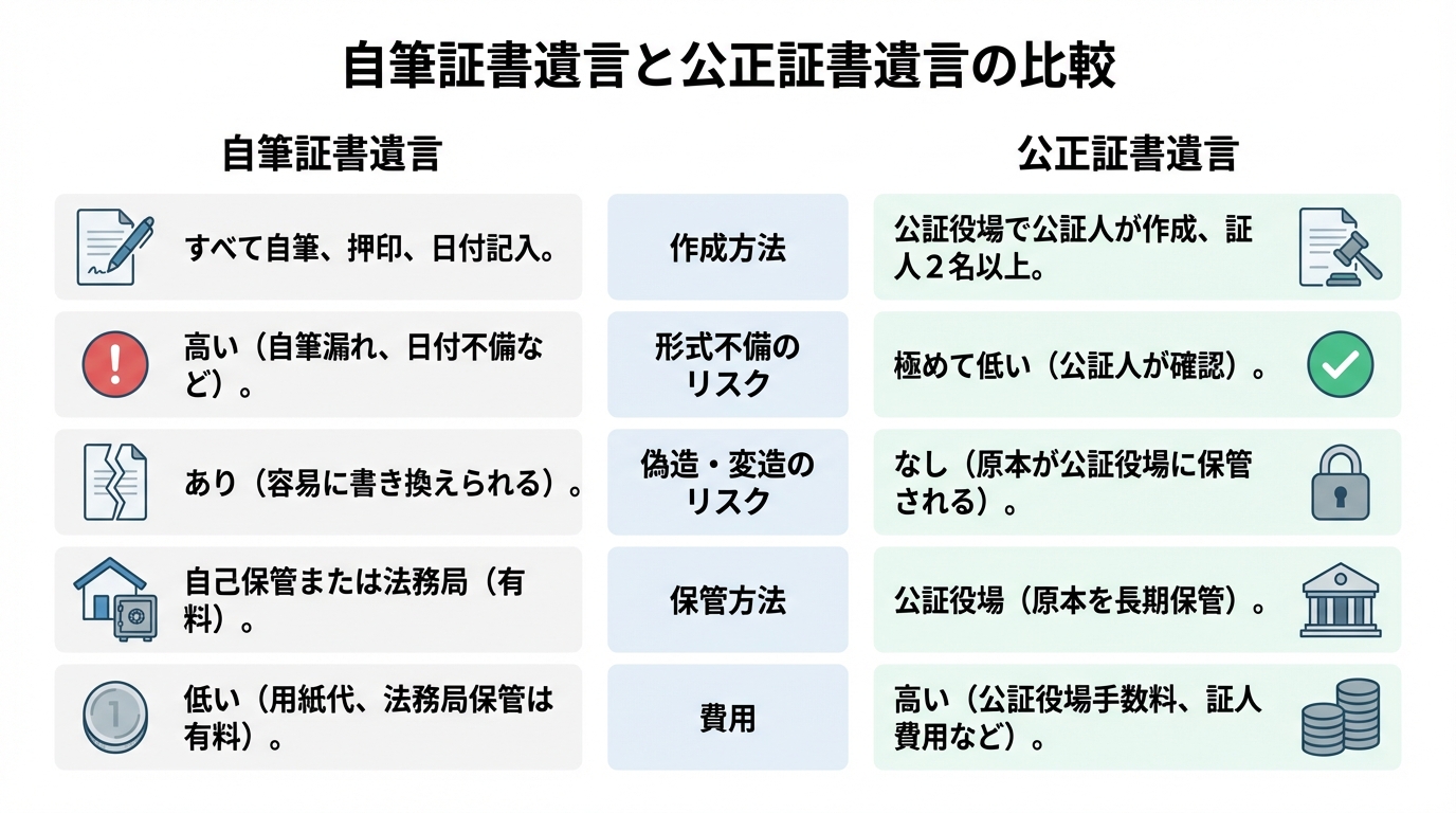 自筆証書遺言と公正証書遺言の特徴を比較した図解。作成方法、リスク、保管、費用の観点から違いを説明。