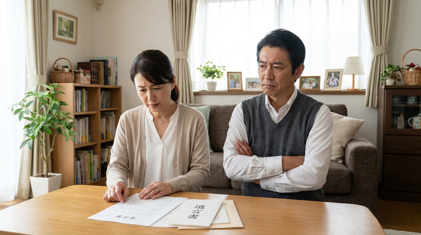 遺言書を前にして、遺産分割について悩んでいる夫婦の様子。遺言書があっても遺産分割ができるか検討している。