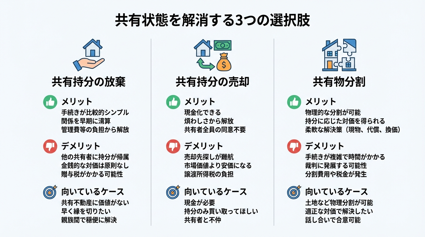 不動産の共有状態を解消する3つの方法「放棄」「売却」「分割」のメリット・デメリットを比較した図解。