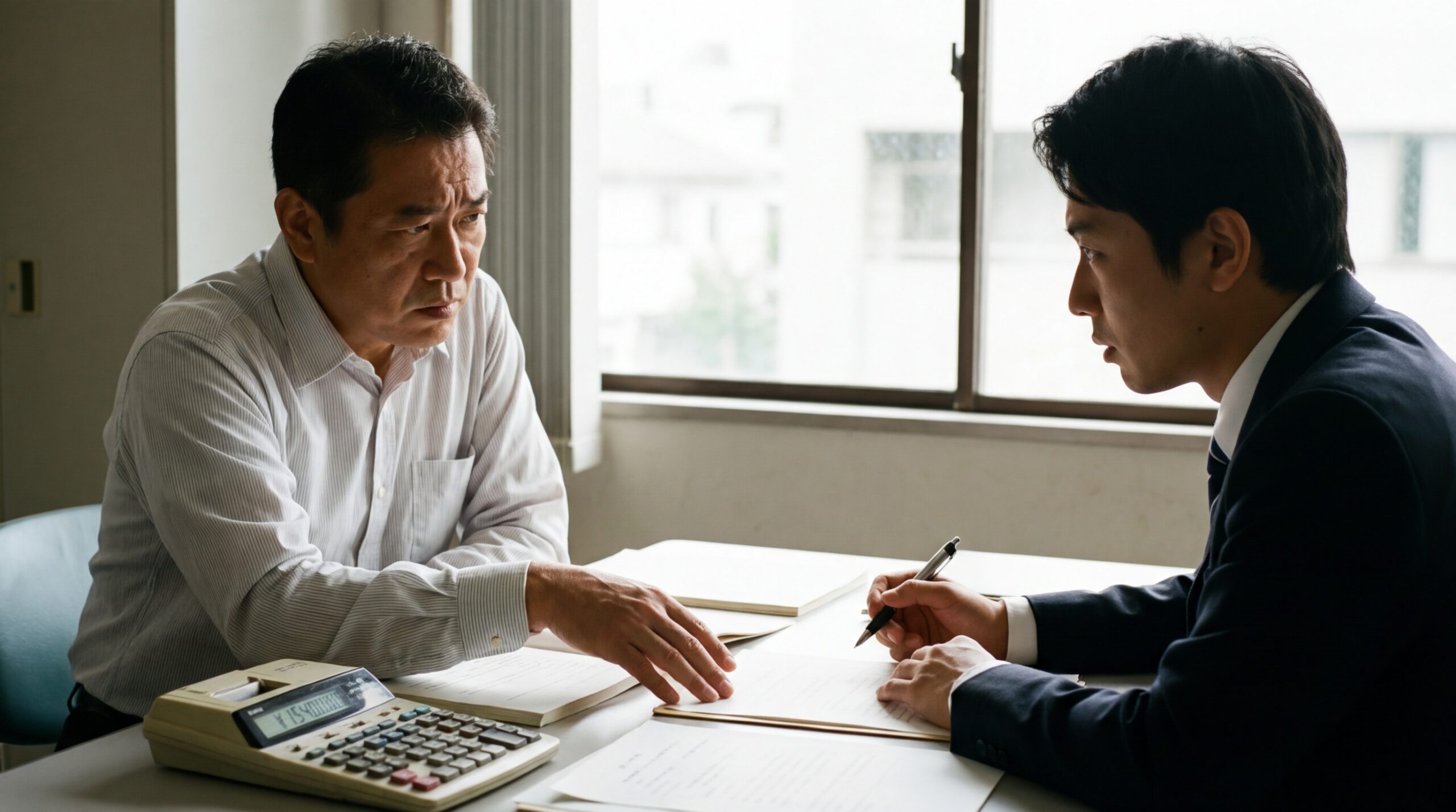 弁護士と相談者がテーブルの上で電卓と書類を広げながら、遺産分割の持ち戻し計算について真剣に話し合っている様子。