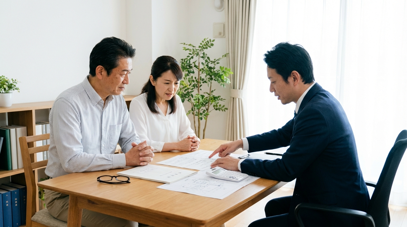 法律事務所で相続問題について相談する夫婦。弁護士が不動産資料を前に説明している。