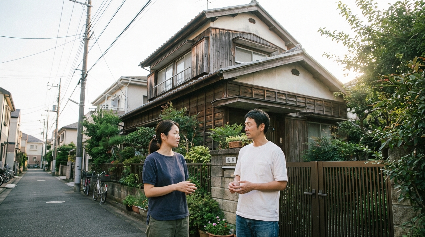 実家の前に立ち、遺産分割について話し合う兄妹。不動産相続の具体的なシーンをイメージさせる写真。
