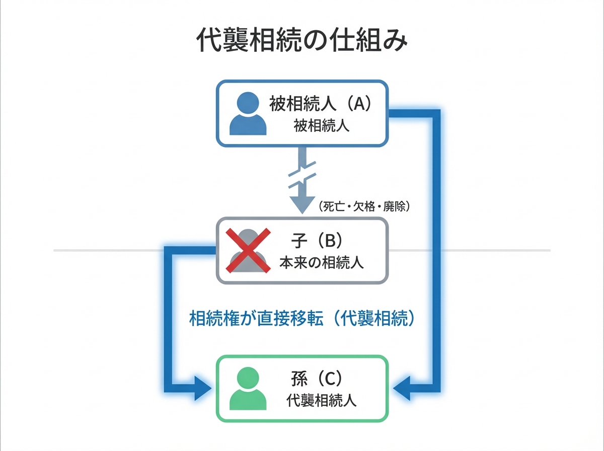 代襲相続の仕組みを説明する図。被相続人が亡くなる前に子が死亡している場合、孫が代わりに相続人になる様子が家系図で示されている。