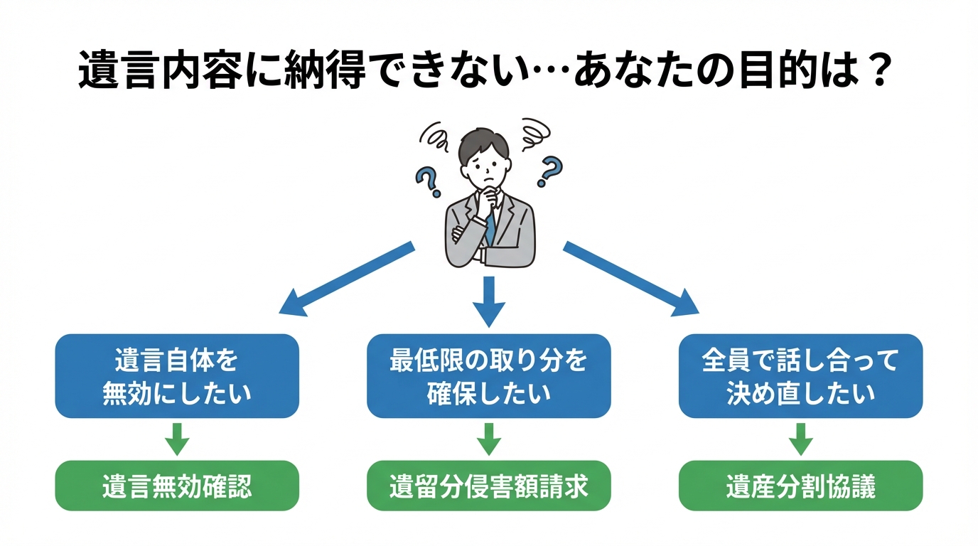 遺言に納得できない場合の目的別対処法を選ぶためのフローチャート。遺言無効、遺留分請求、遺産分割協議の3つの選択肢を図示。