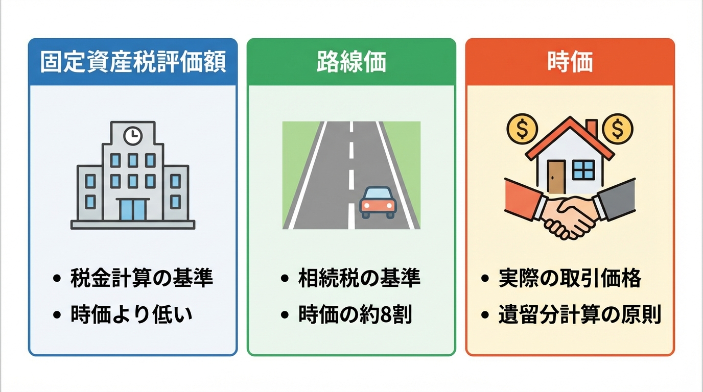 不動産の3つの評価方法（固定資産税評価額、路線価、時価）の特徴を比較した図解