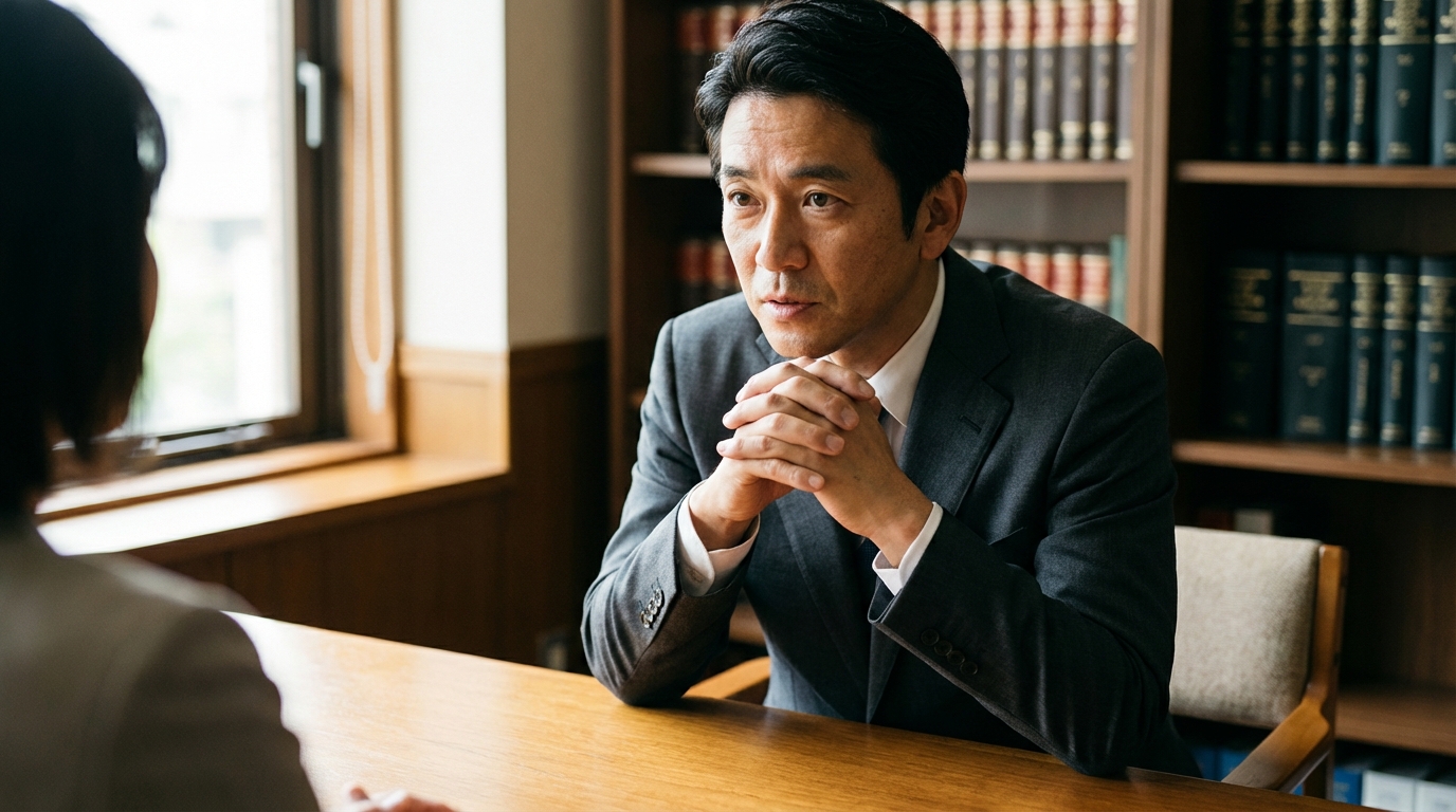 共有物分割請求訴訟について依頼者に丁寧に説明する弁護士。真剣な表情で話を聞いている。