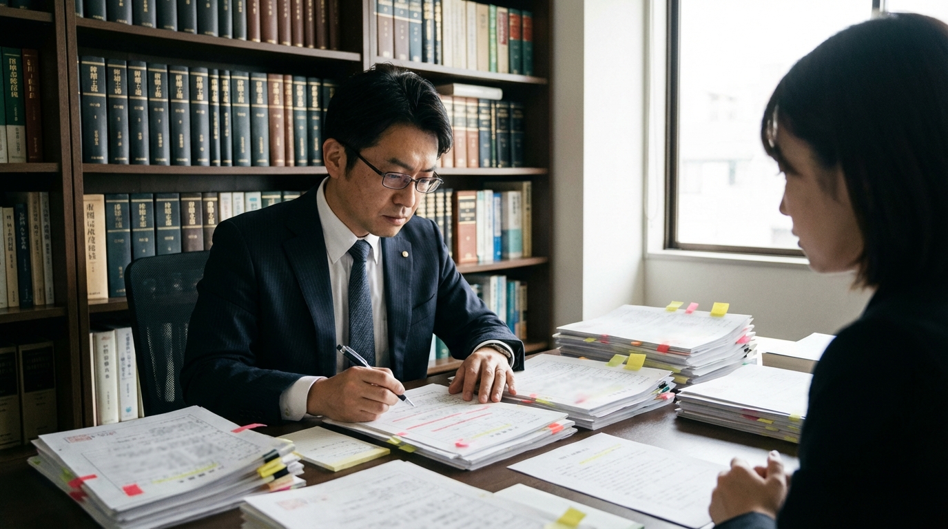 弁護士が相続人調査のために、山積みの戸籍謄本を一枚一枚丁寧に確認している様子。