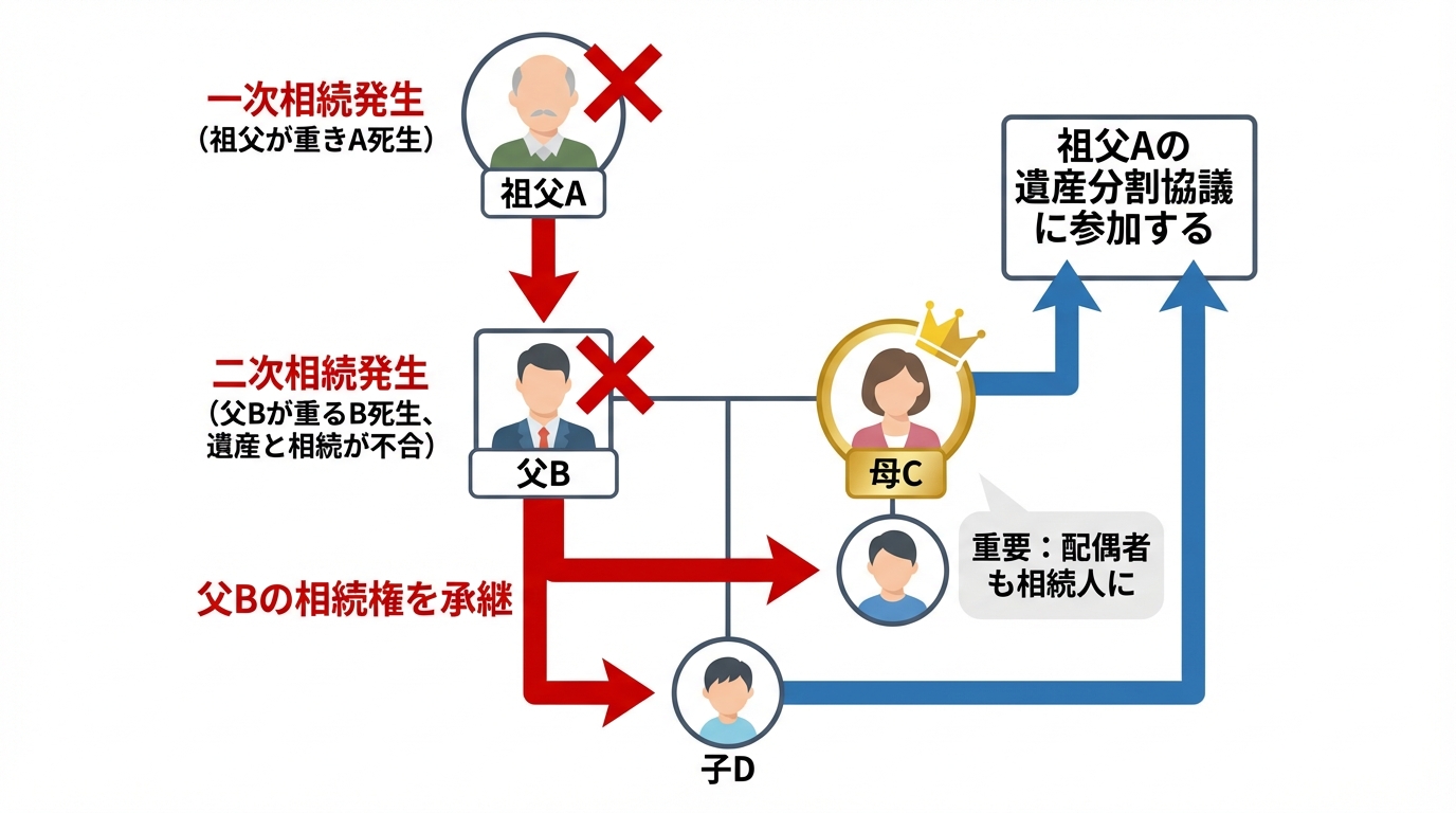 数次相続の相続人を説明する家系図。祖父の一次相続後、父が亡くなると、父の相続権は配偶者である母と子に承継され、彼らが祖父の遺産分割協議に参加することを示す図。