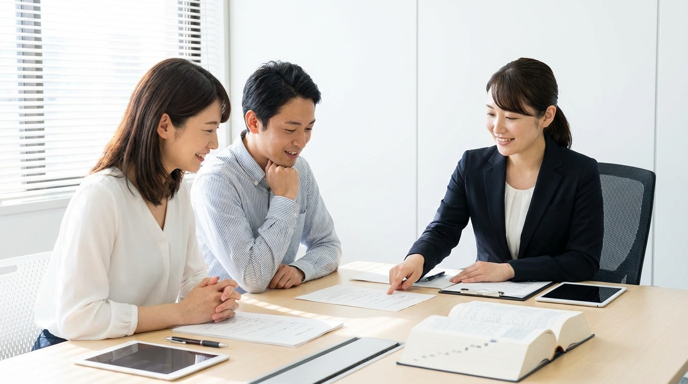 弁護士に遺産分割の相談をし、税務リスクなどの注意点について説明を受けている夫婦。専門家への相談の重要性を示している。