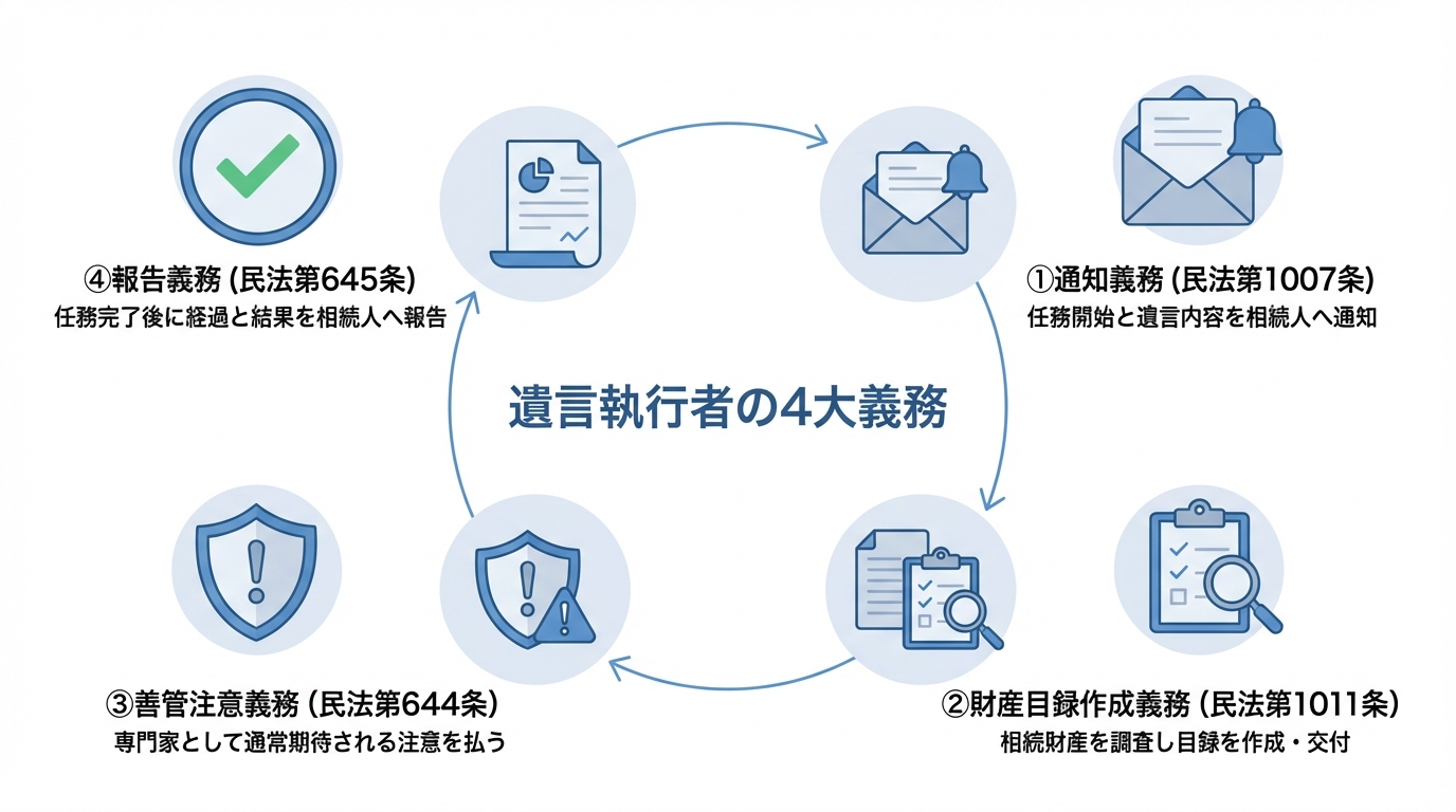 遺言執行者が民法で定められた4つの主要な義務(通知義務、財産目録作成義務、善管注意義務、報告義務)を解説した図解。