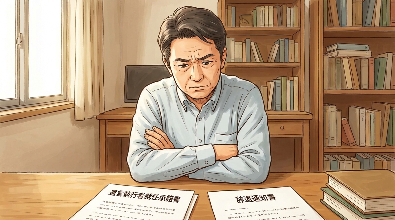 遺言執行者への就任を承諾するか辞退するか、2つの選択肢の前で悩む男性のイラスト