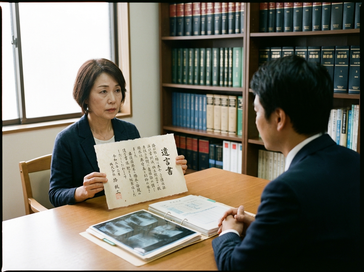 遺言の有効性について弁護士に相談する相続人。テーブルには遺言書と医療記録が置かれている。