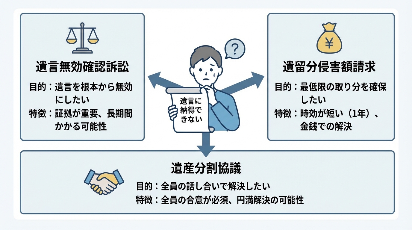 遺言に納得できない場合の3つの法的対応「遺言無効確認訴訟」「遺留分侵害額請求」「遺産分割協議」の目的と特徴を比較した図解。