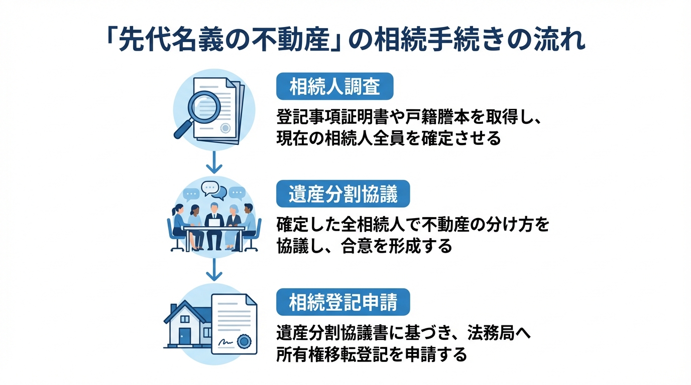 先代名義の不動産の相続登記手続きの流れを示した図解。ステップ1「相続人調査」、ステップ2「遺産分割協議」、ステップ3「相続登記申請」の順で解説されている。