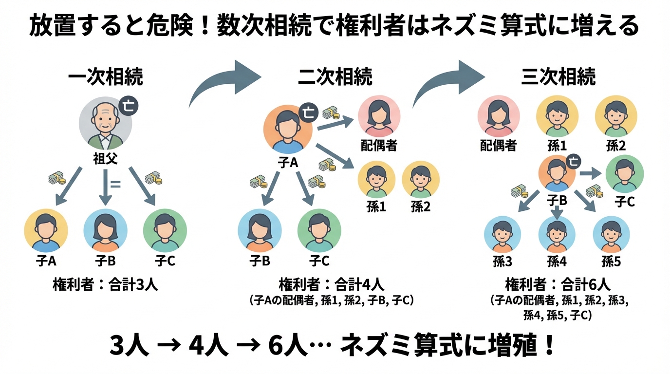 数次相続の仕組みを図解したインフォグラフィック。祖父の相続人が3人だったものが、子の死亡により相続が重なり、最終的に6人へとネズミ算式に増えていく様子が描かれている。