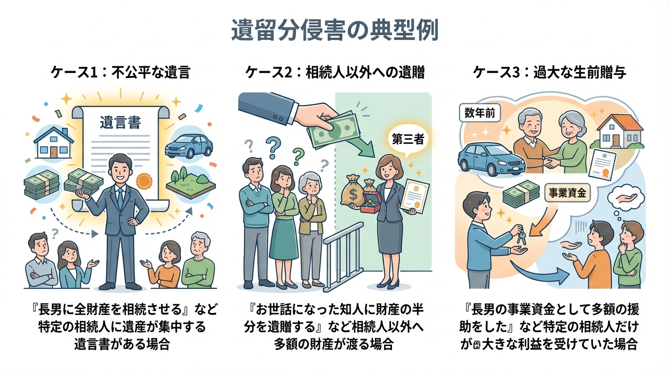 遺留分侵害額請求が必要になる3つの典型例（不公平な遺言、相続人以外への遺贈、過大な生前贈与）をイラストで解説した図解。