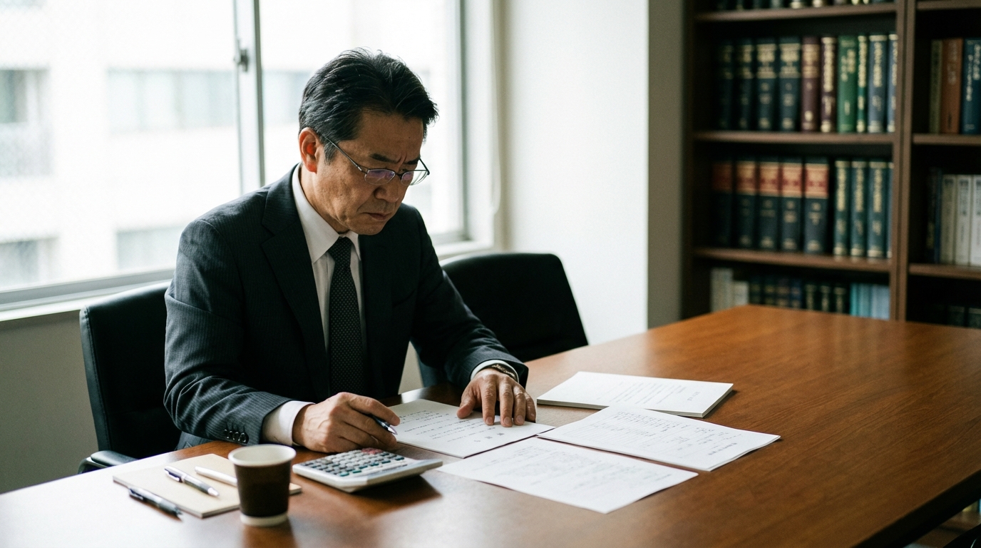 法律事務所で遺言書と財産目録を確認する遺言執行者。専門家としての責任感を表している。