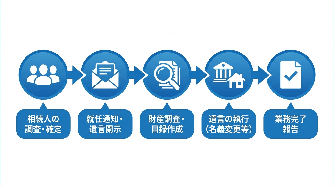 遺言執行者の職務内容を5つのステップで解説するフローチャート形式の図解。相続人調査から業務完了報告までの流れを示している。