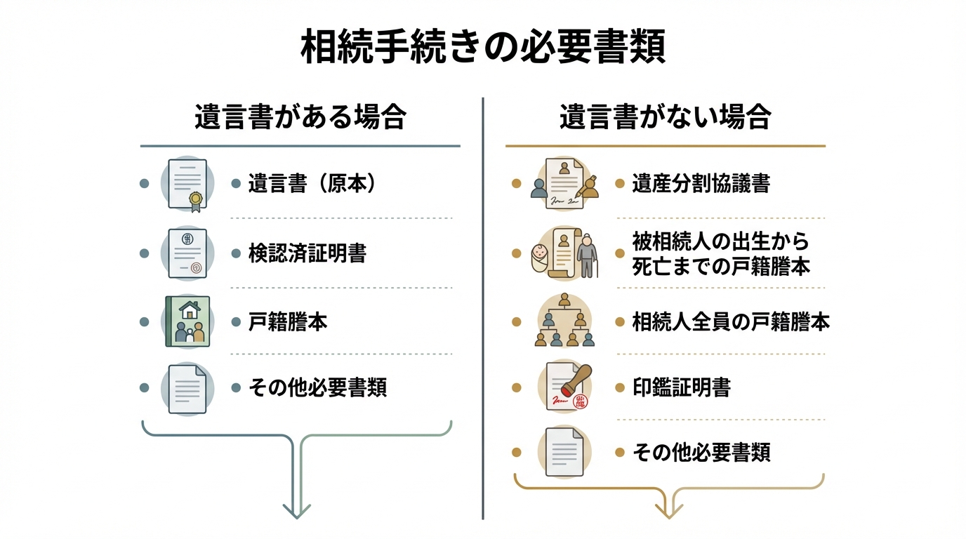 相続手続きで必要となる書類を「遺言書がある場合」と「ない場合」に分けて比較した図解