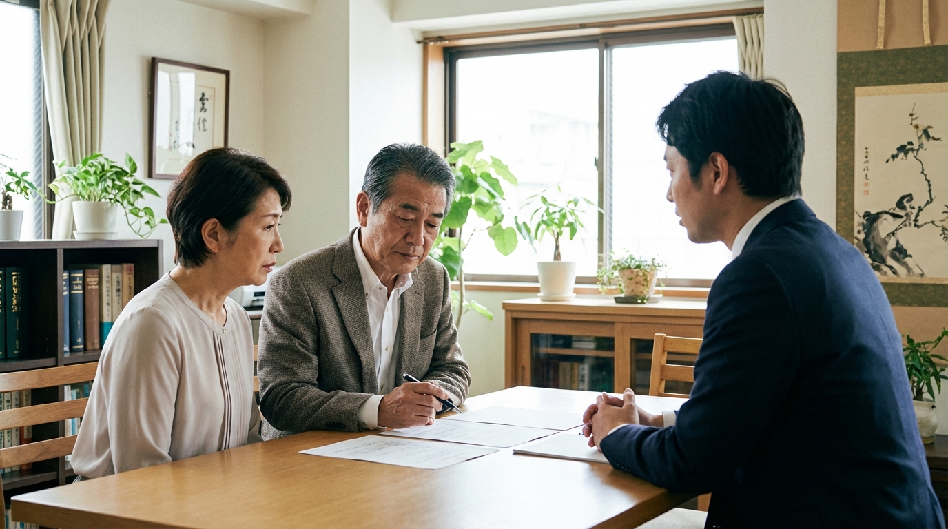 法律事務所で弁護士に相続の相談をする初老の夫婦。生前の対策について真剣に検討している様子。