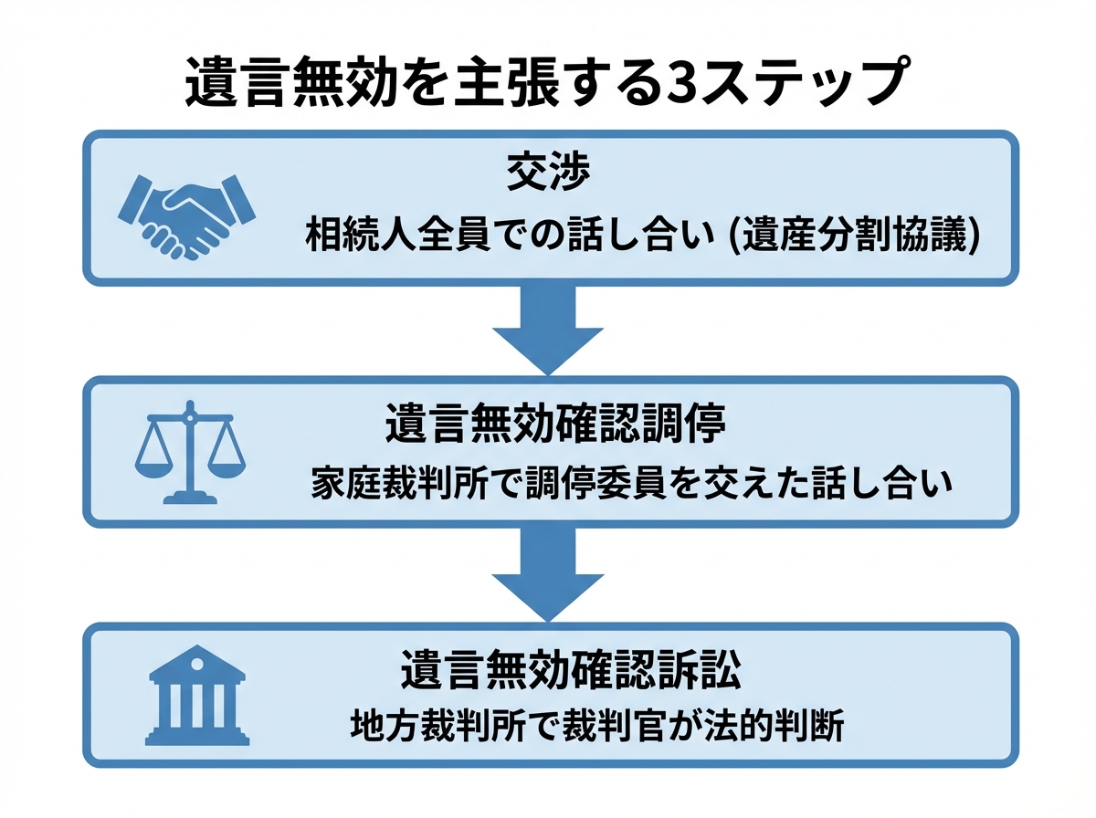 遺言無効を主張するための法的手続きの流れを示す図解。交渉、調停、訴訟の3ステップで構成されている。