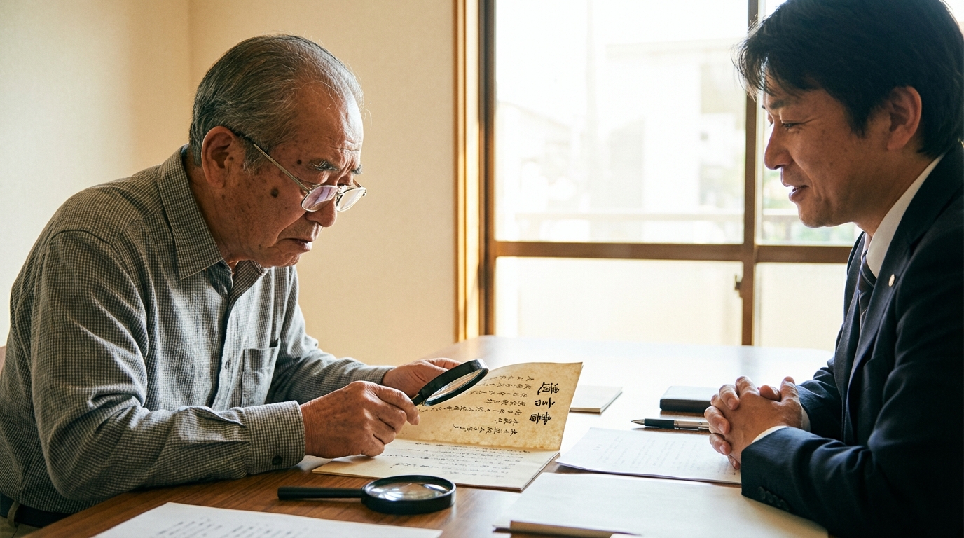 遺言無効確認訴訟の証拠収集について弁護士に相談している依頼者。