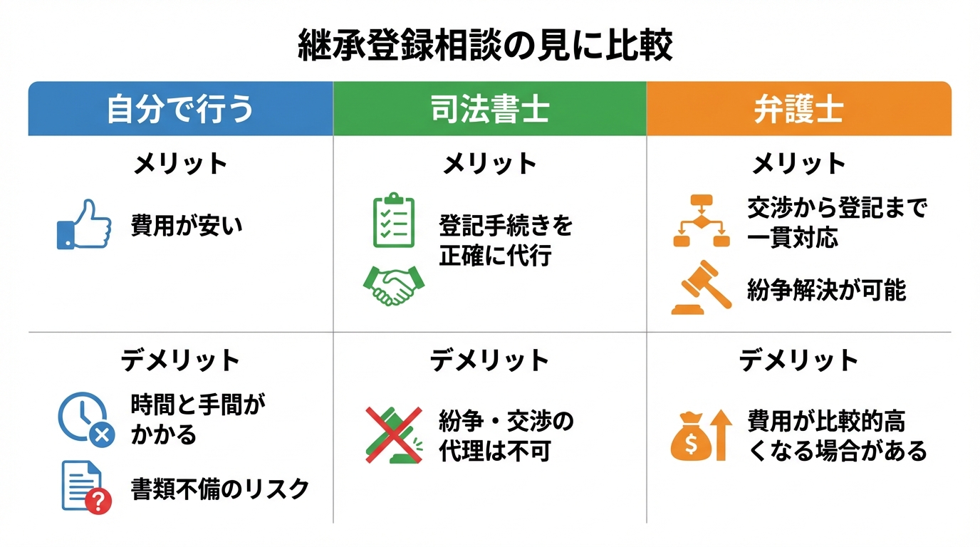 相続登記の相談先である「自分で行う」「司法書士」「弁護士」の3つの選択肢について、メリットとデメリットを比較した表形式の図解。