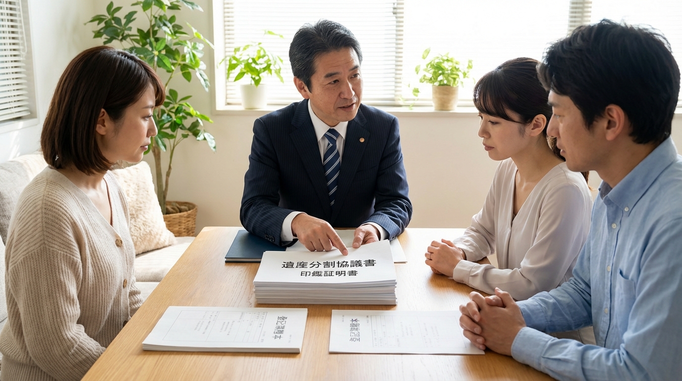 遺産分割協議書の作成について弁護士から説明を受ける夫婦。テーブルには書類が広げられ、相続手続きの重要性を物語っている。