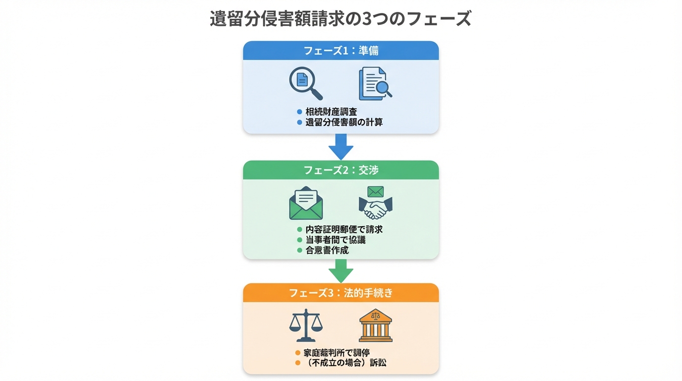 遺留分侵害額請求の手続きの流れを3つのフェーズ（準備、交渉、法的手続き）に分けて解説したフローチャート。
