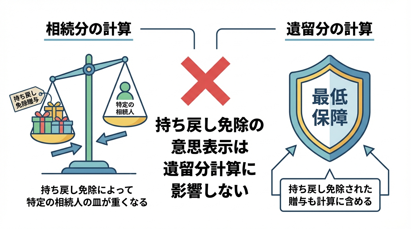 持ち戻し免除と遺留分の関係を示す図解。相続分の計算には影響するが、遺留分という最低保障の権利計算には影響しないことを示している。