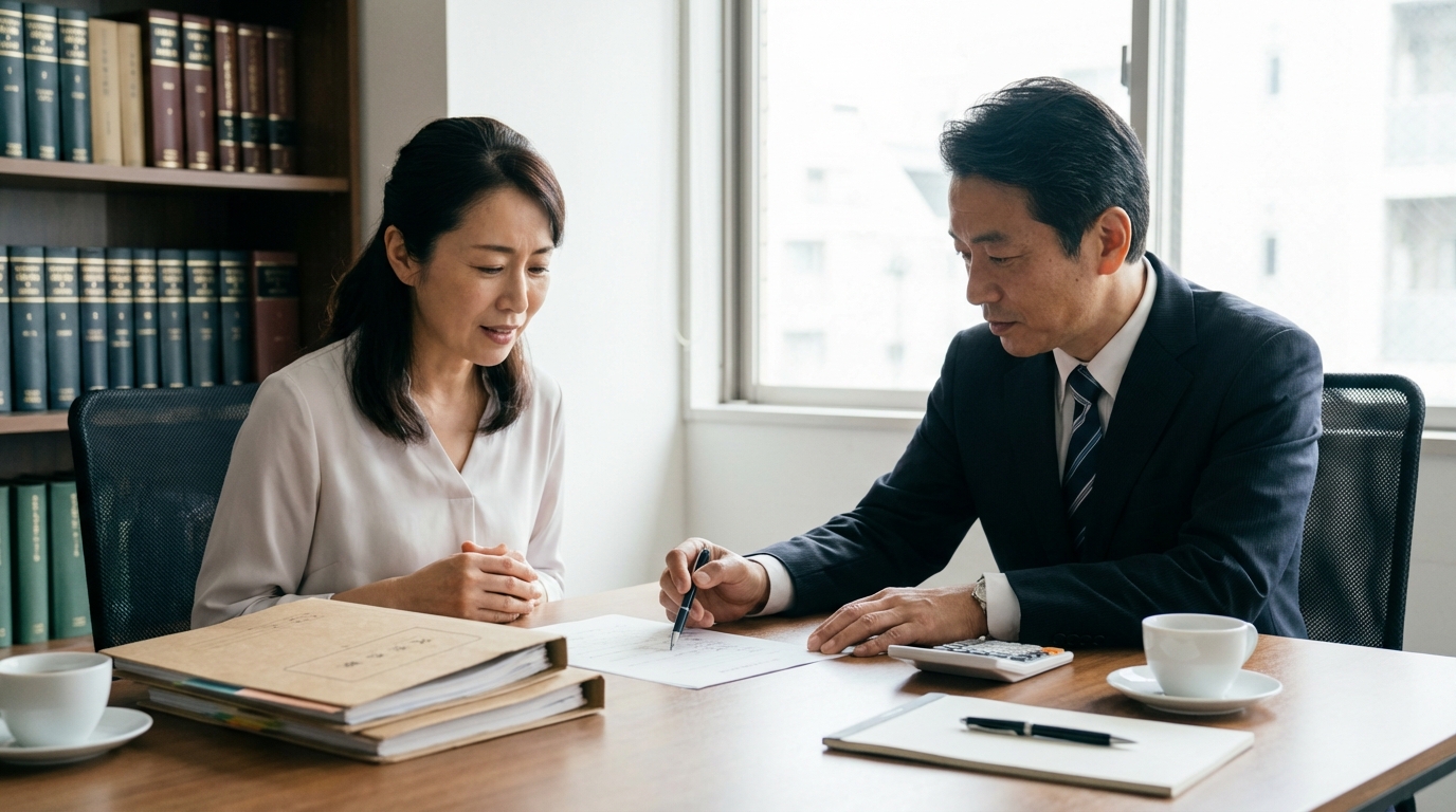 弁護士から遺留分侵害額請求の費用について説明を受け、安心した表情を浮かべる相談者の女性。