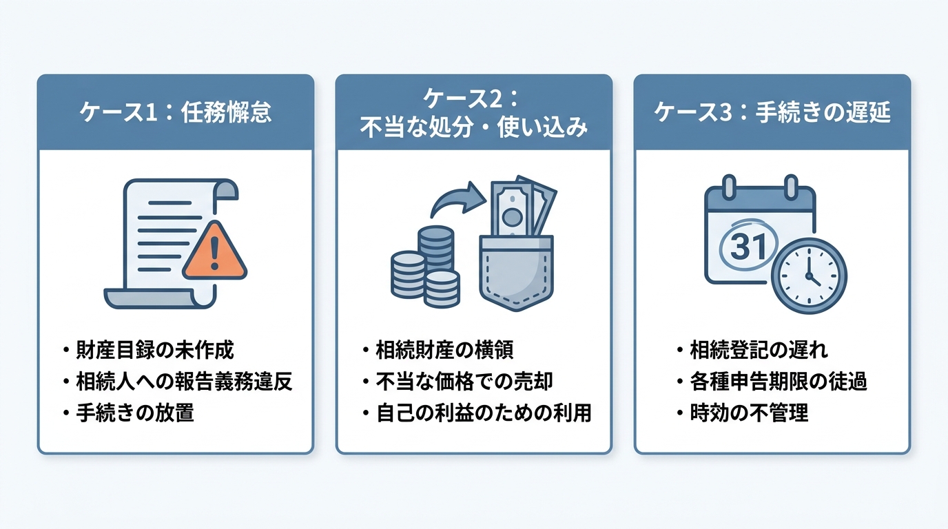 遺言執行者が損害賠償責任を負う3つのケース（任務懈怠、不当な処分・使い込み、手続きの遅延）を解説した図解。