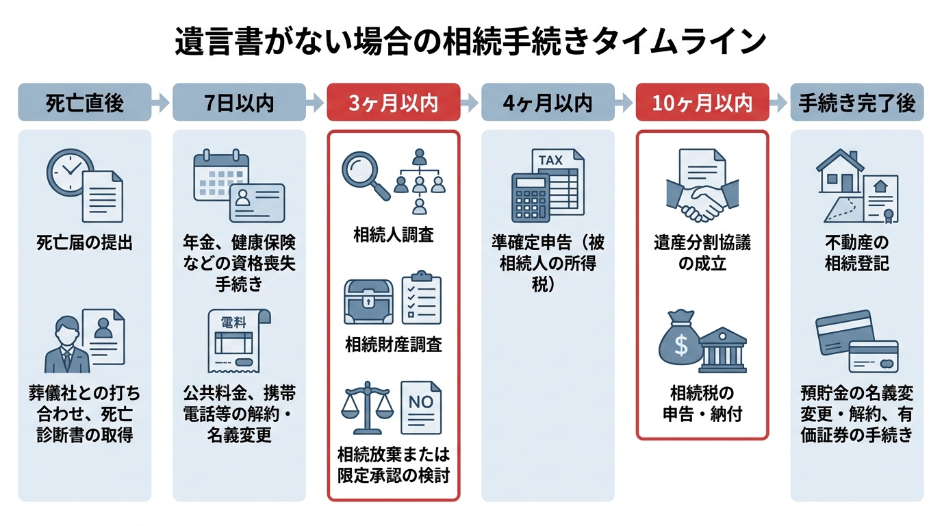 遺言書がない場合の相続手続きの全体像を示すタイムライン。死亡直後から相続税申告までの流れと各期限が図解されている。