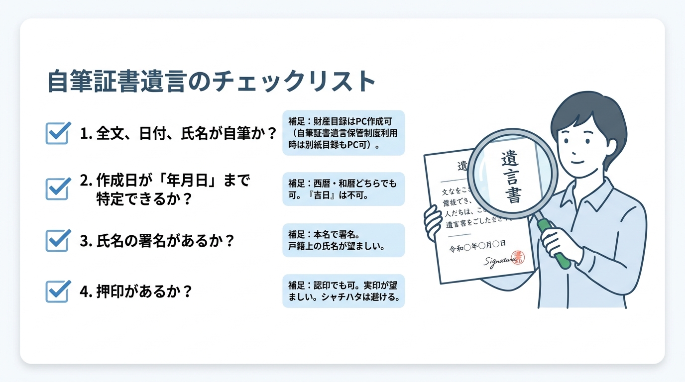 自筆証書遺言の有効要件である「全文自書」「日付」「署名」「押印」をまとめたチェックリストの図解。