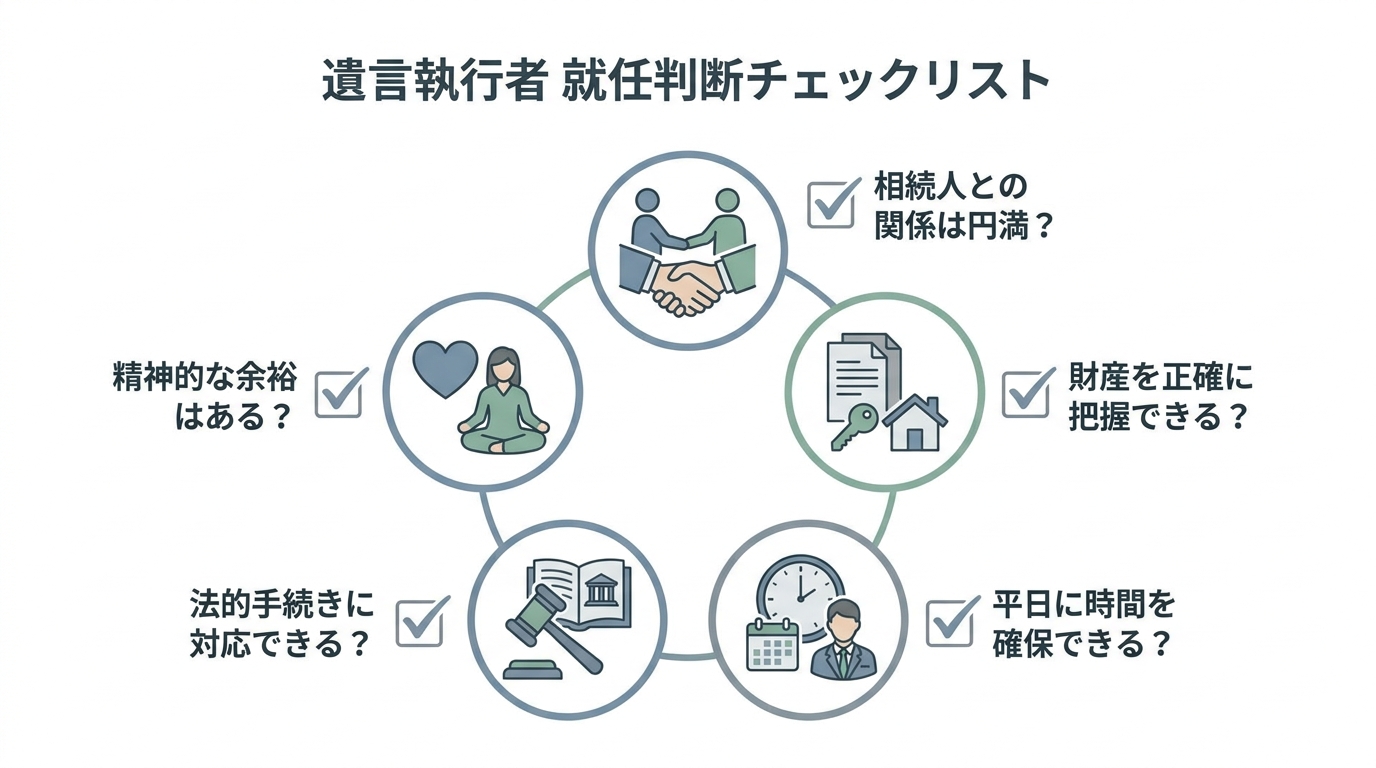 遺言執行者に就任するかどうかの判断基準を示す5つのチェックリストの図解。相続人との関係、財産把握、時間確保、手続き対応、精神的余裕の項目が含まれている。