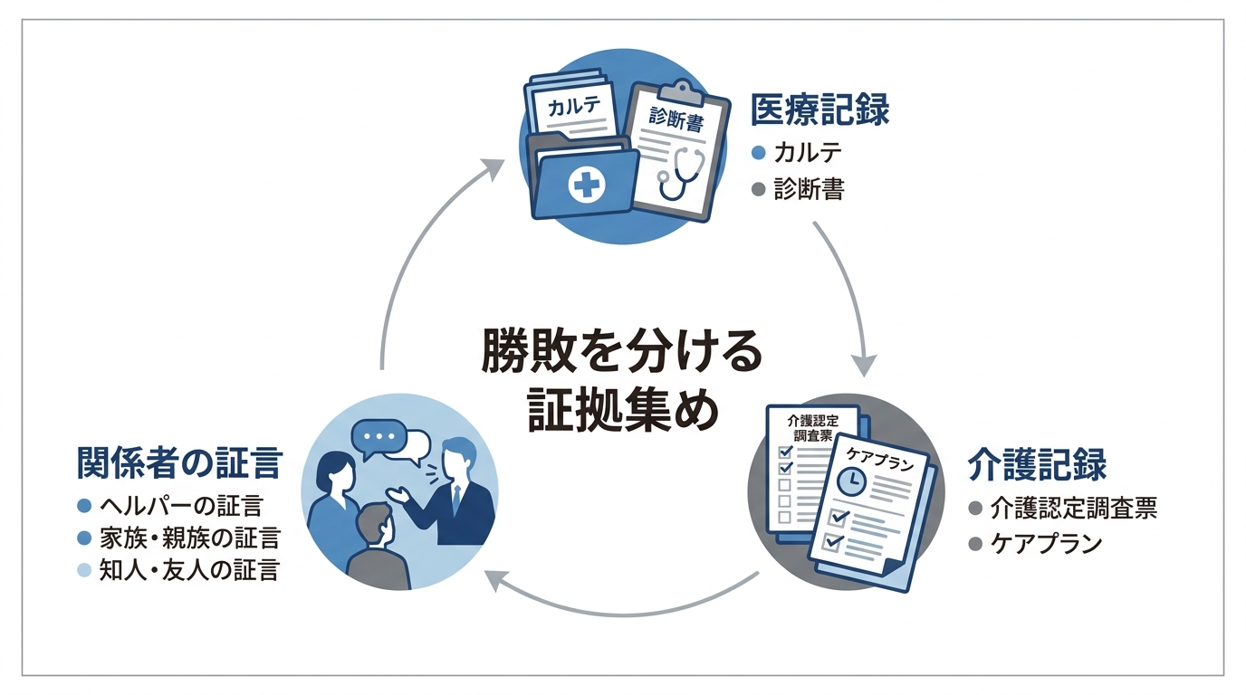 遺言無効を主張するための証拠集めの方法を図解したインフォグラフィック。医療記録、介護記録、関係者の証言の3つのカテゴリーに分けて具体例を紹介。
