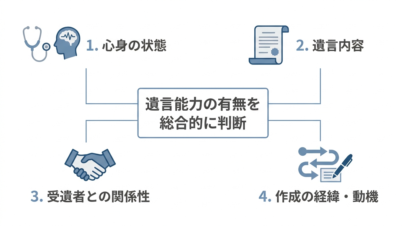 裁判所が遺言能力を判断する際に考慮する4つの要素（心身の状態、遺言内容、受遺者との関係性、作成の経緯・動機）を図解したインフォグラフィック。