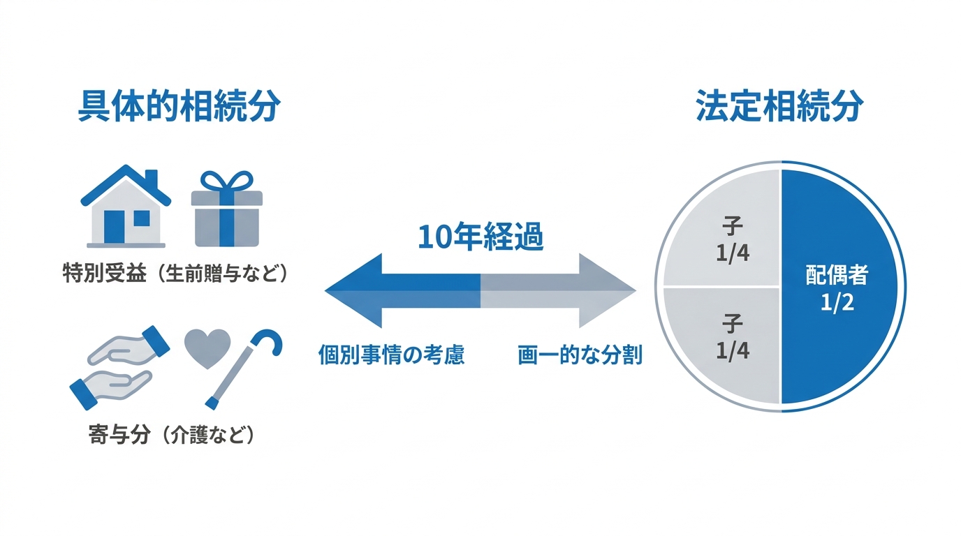相続開始から10年経過による遺産分割基準の変化を示した図解。10年以内は特別受益や寄与分を考慮した「具体的相続分」で分割できるが、10年経過後はそれらが考慮されない「法定相続分」での分割が原則となることを示している。