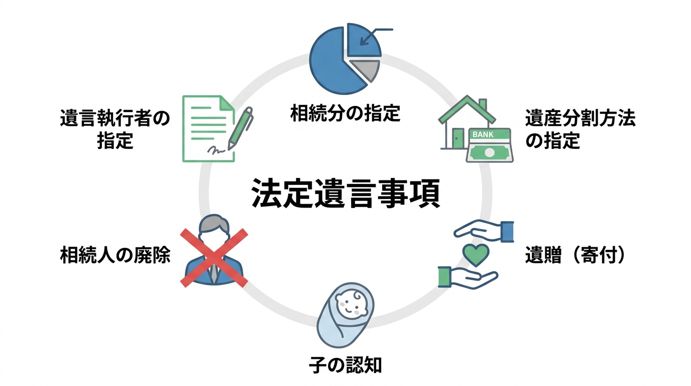 遺言で法的に定められる6つの主要な事項(相続分の指定、遺産分割方法の指定、遺贈、子の認知、相続人の廃除、遺言執行者の指定)をアイコン付きで解説した図解。