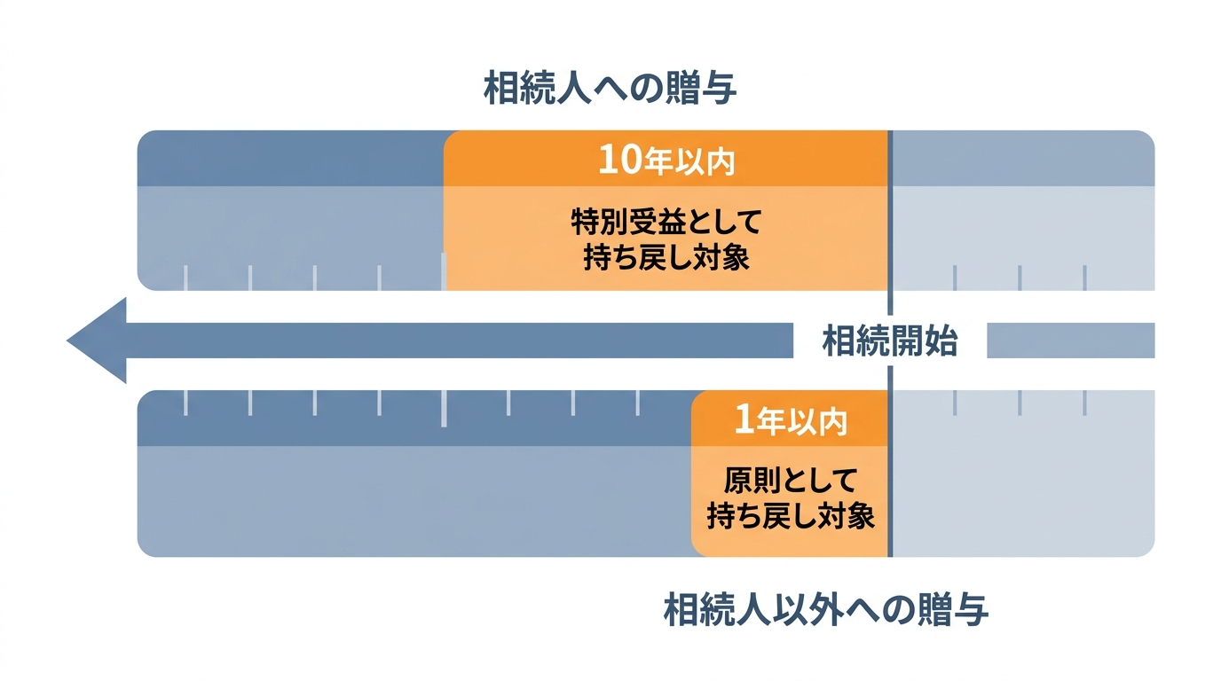 遺留分計算の対象となる生前贈与の期間を示した図解。相続人への贈与は10年以内、相続人以外への贈与は1年以内が原則であることを示している。