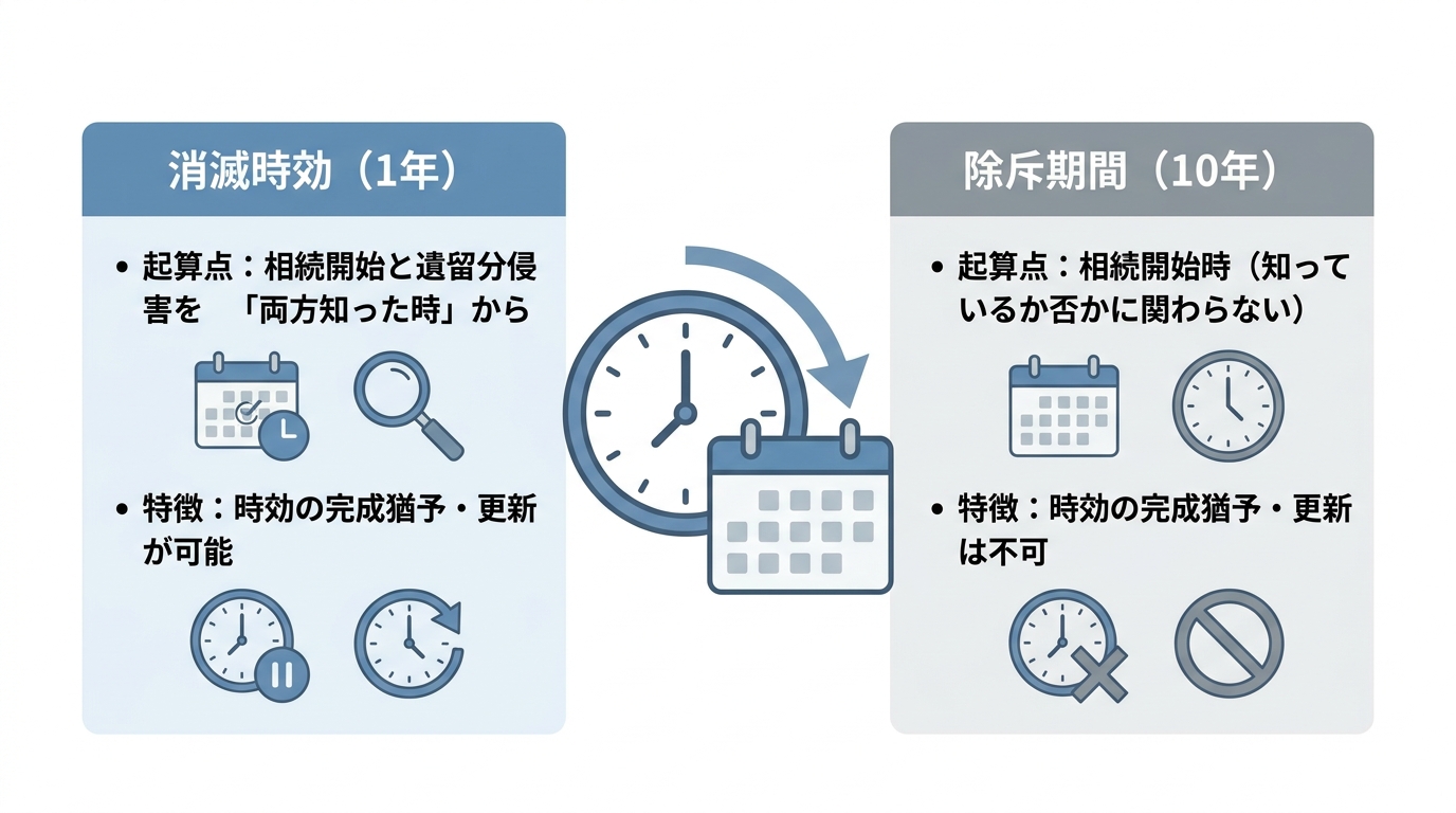 遺留分侵害額請求権の「1年の消滅時効」と「10年の除斥期間」の違いを比較した図解。起算点と法的性質の違いがまとめられています。