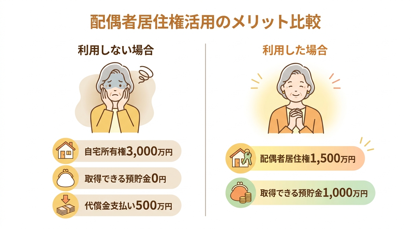 配偶者居住権を利用した場合としなかった場合の遺産分割の比較図。利用しない場合は預貯金が0円になるが、利用した場合は1000万円の預貯金を確保できることを示している。