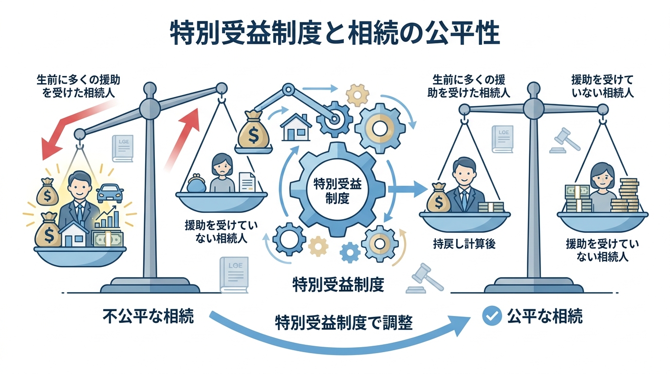 特別受益制度の概念図。不公平な相続の天秤が、特別受益制度によって公平に調整される様子が描かれている。