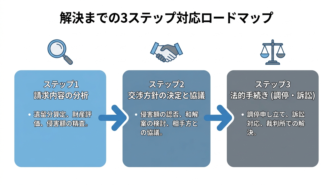 遺留分侵害額請求を受けた際の解決までの3ステップ対応ロードマップ。分析、交渉、法的手続きの流れを図解で示している。