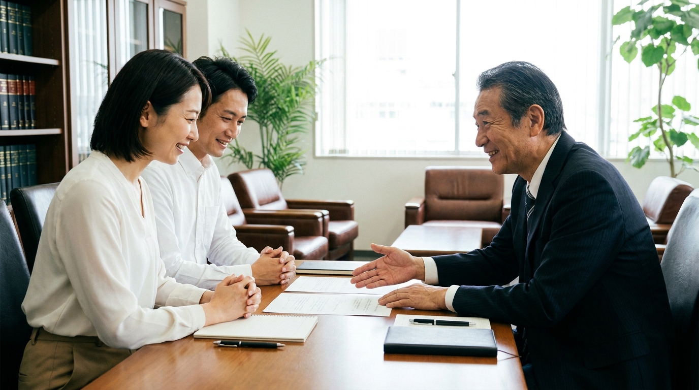 弁護士から預貯金の仮払い制度のリスクについて説明を受け、安心した表情で話を聞く相談者。