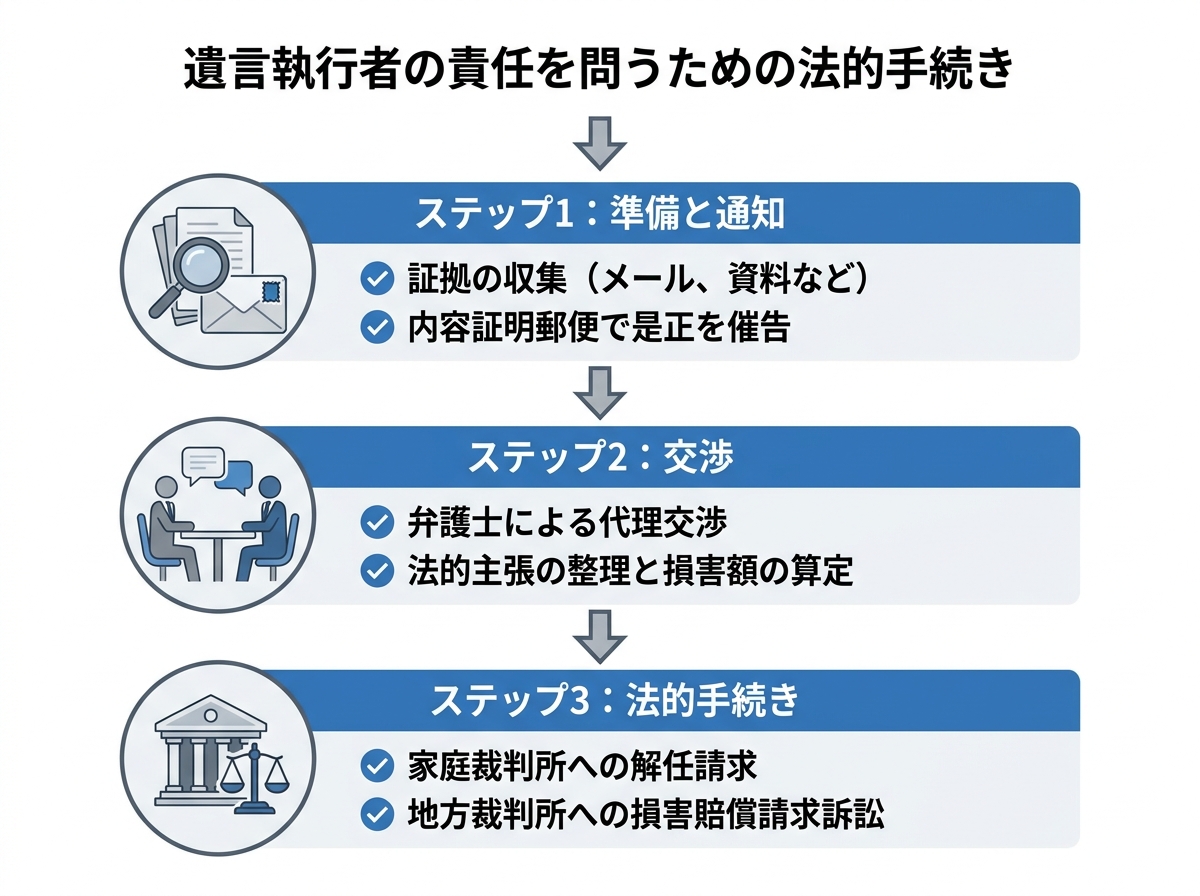 遺言執行者の責任を問うための3ステップ。ステップ1は証拠収集と内容証明、ステップ2は弁護士による交渉、ステップ3は解任請求や訴訟という流れを示した図。